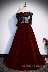 Wine Red Velvet Off Shoulder Party Dresses With Bow, Wine Red Velvet Long Evening Prom Dresses